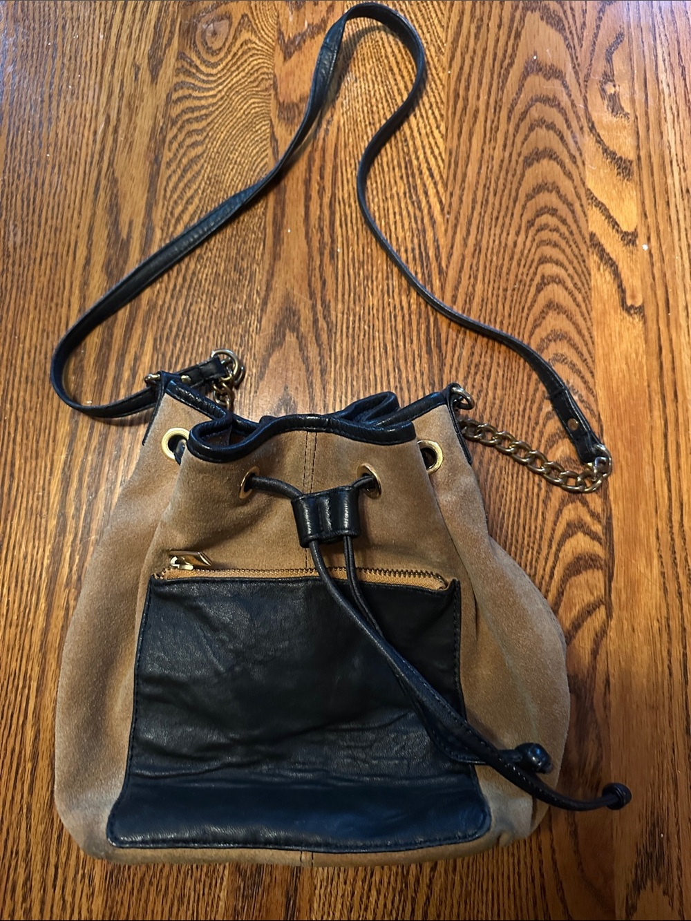 Top Shop Suede Drawstring Bucket Bag with Black Leather Trim